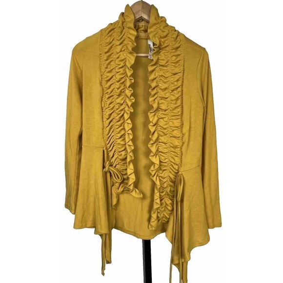 Emerald Sweater Cardigan‎ Cascading Ruffles Gold Small Made USA Romantic Cottage - Picture 1 of 5